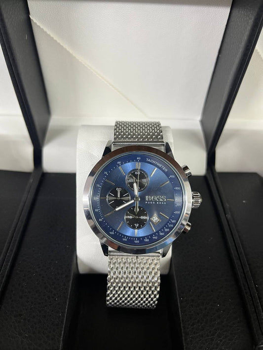 Hugo Boss Chronograph Watch – Blue Dial & Silver Mesh
